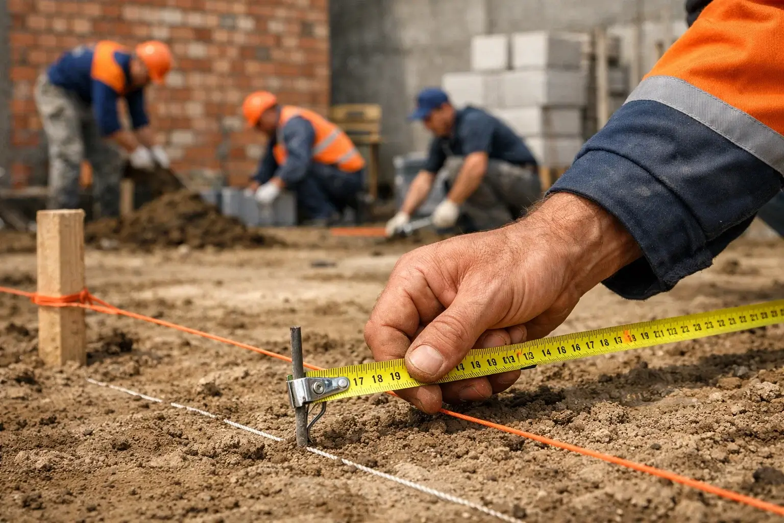 hand measuring foundation layout with tape on construction site