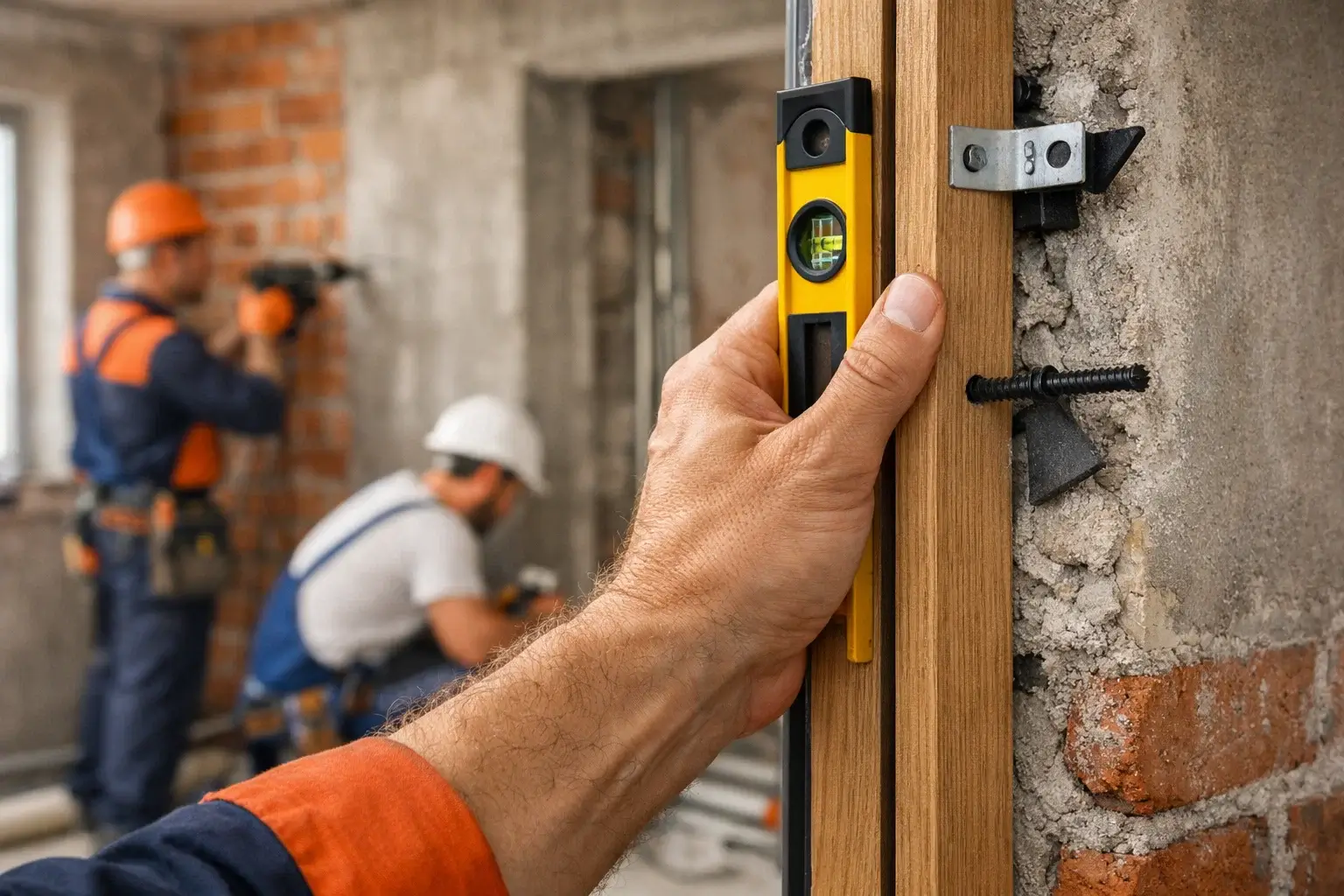hand aligning door frame during interior installation