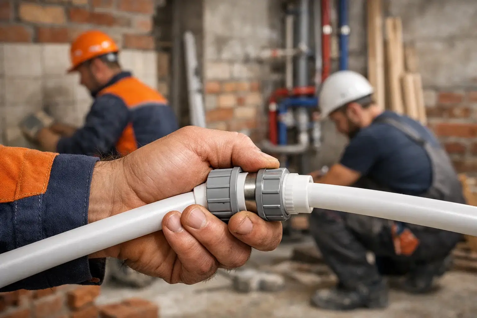 hand connecting plastic pipes for plumbing system