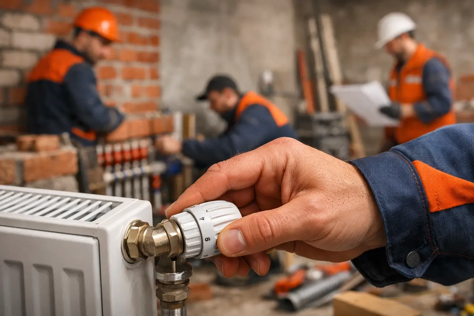 hand adjusting heating radiator valve in house