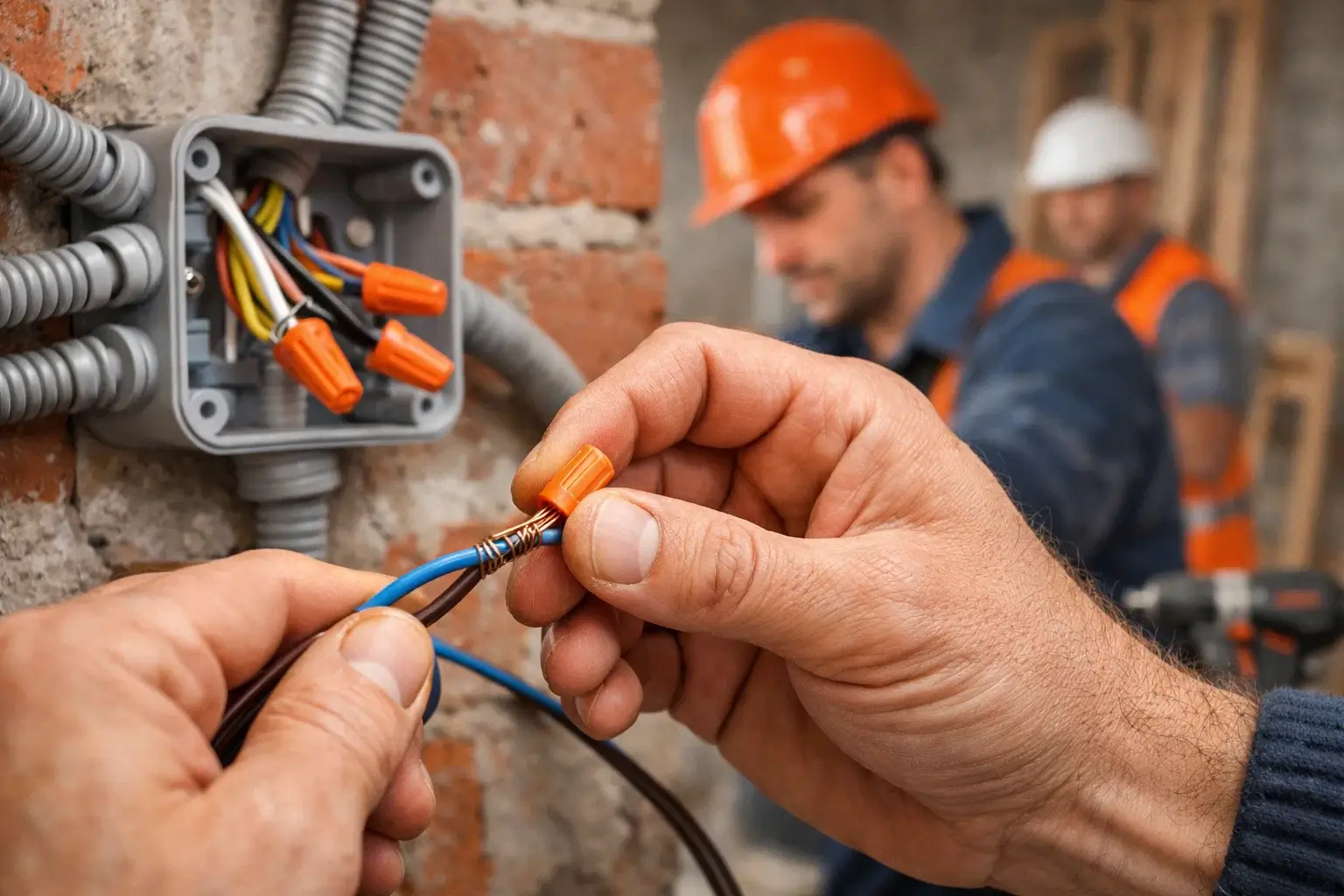 hand connecting electrical wires in junction box