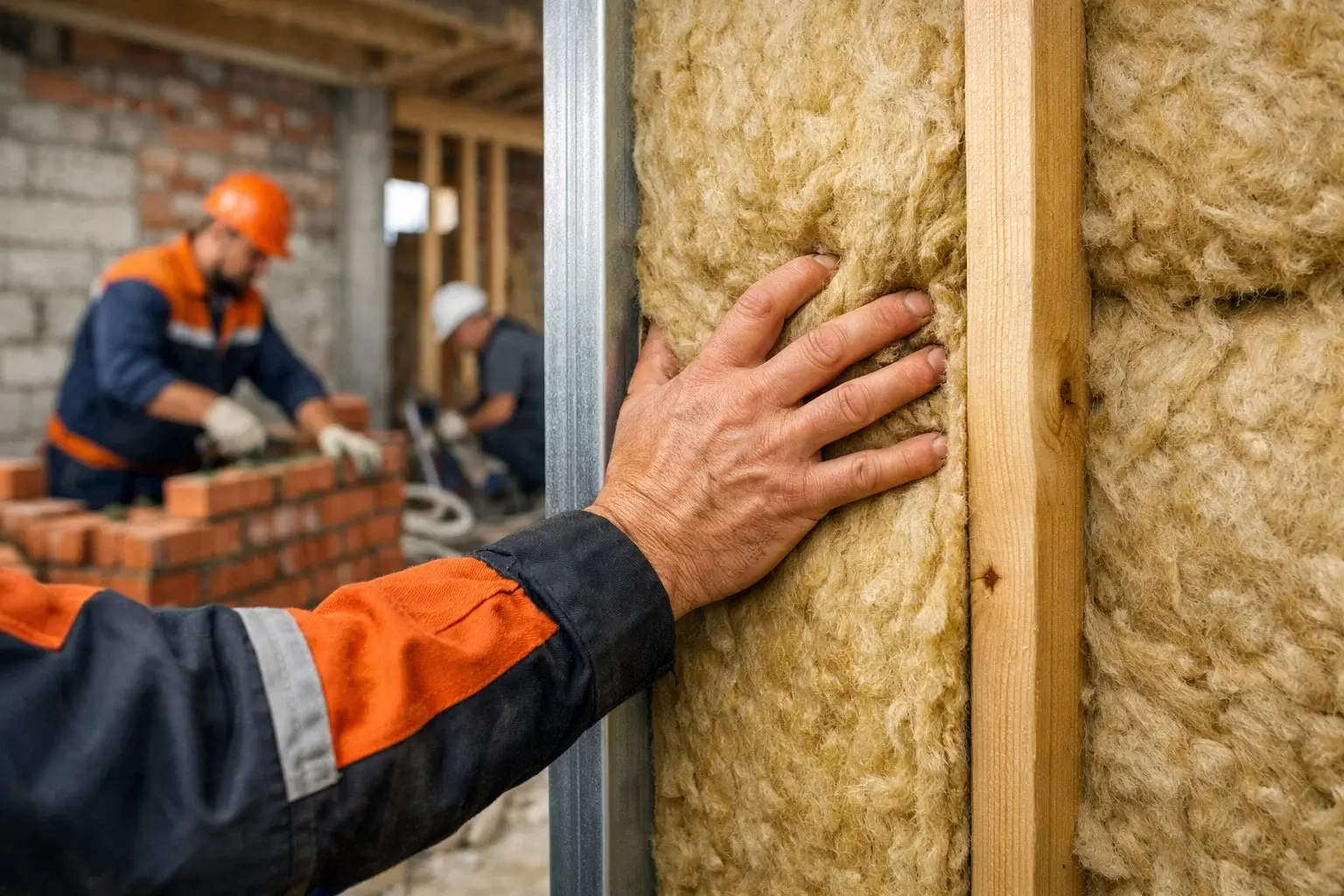 hand installing insulation into wall frame structure