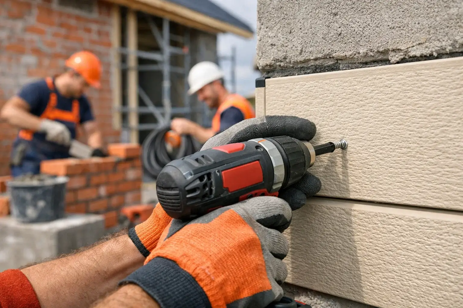 hand installing facade panel on house exterior