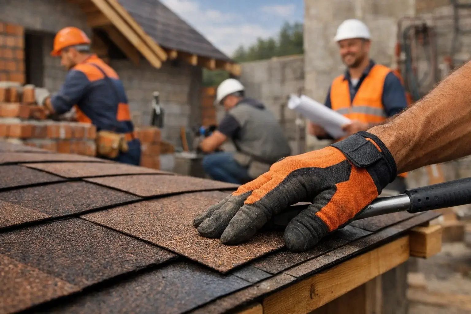 hand installing roofing material on house roof
