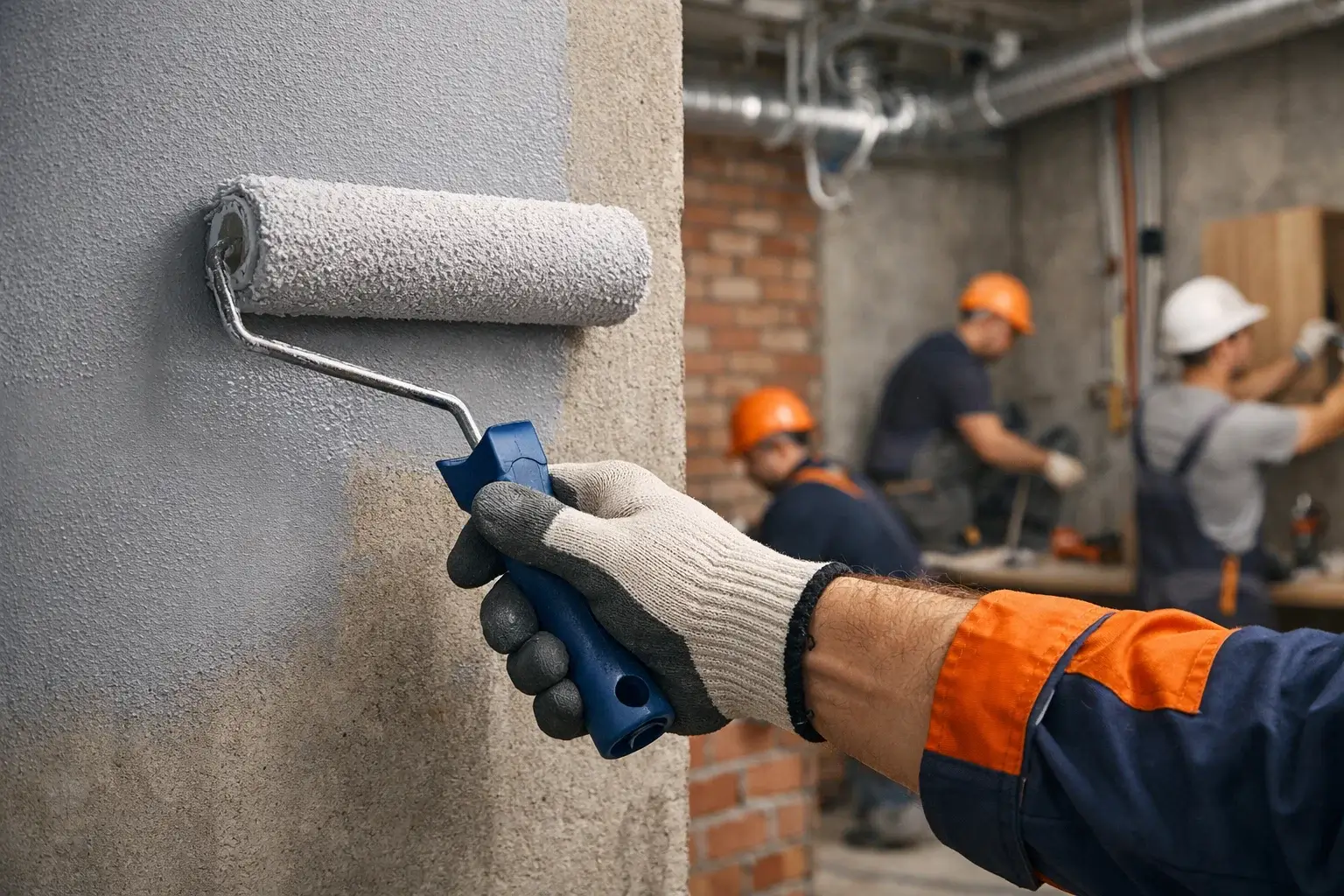 hand painting wall with roller during renovation