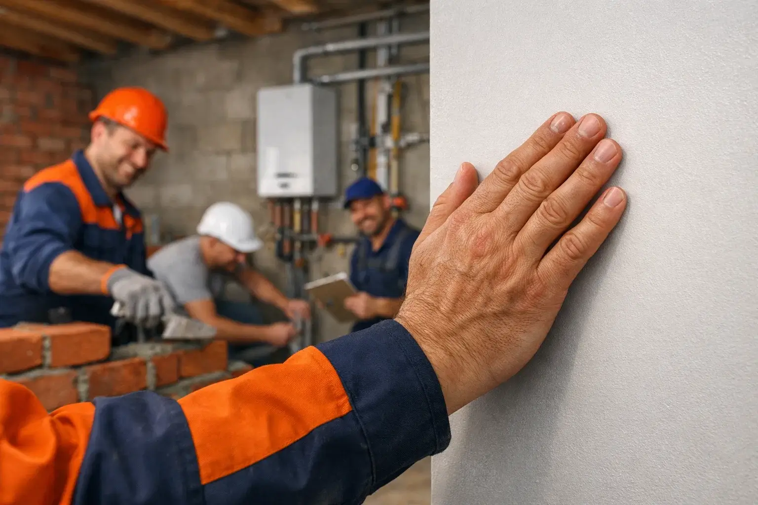 hand touching smooth finished wall surface