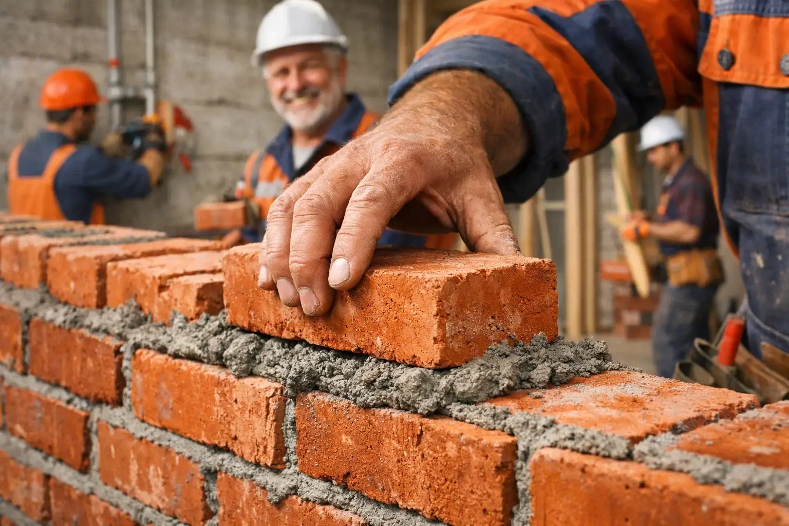 hand placing brick with mortar during wall construction