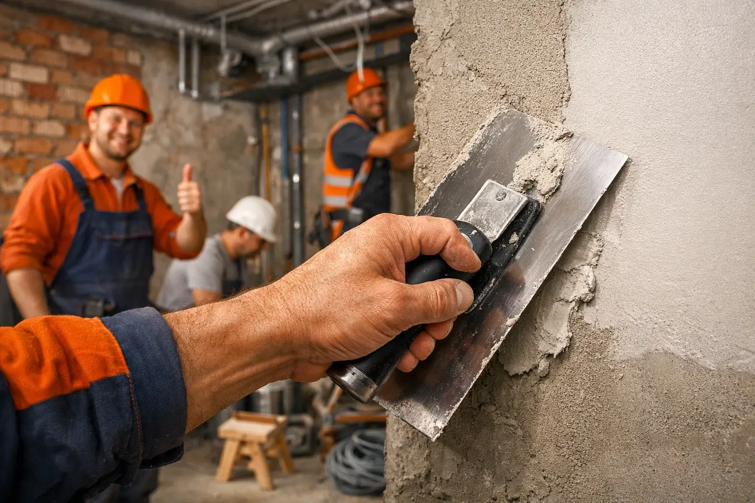 hand applying plaster on wall during interior finishing